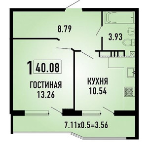 1 комнатная 40.08м²