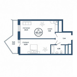 1 комнатная 62.19м²