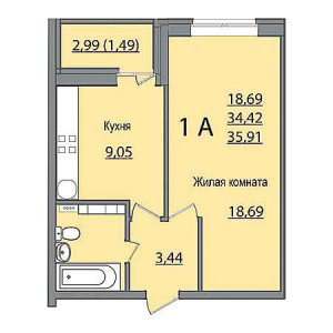 1 комнатная 35.91м²