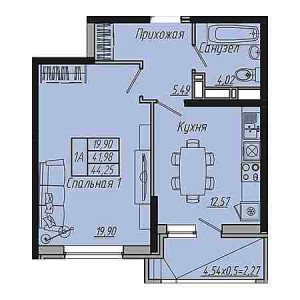 1 комнатная 44.25м²