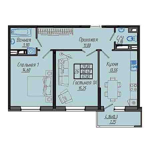 2 комнатная 61.65м²