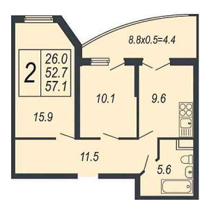 2 комнатная 57.1м²