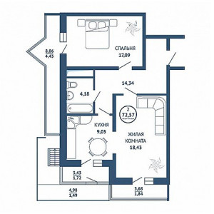 2 комнатная 72.57м²