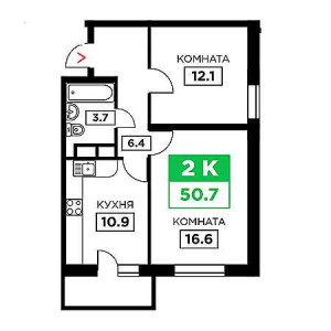 2 комнатная 50.7м²