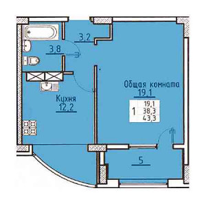 1 комнатная 43.3м²