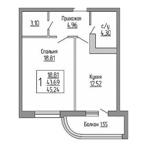 1 комнатная 45.24м²