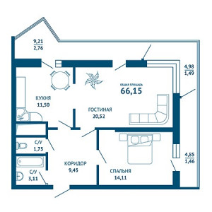 2 комнатная 66.15м²