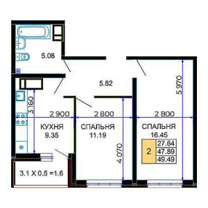 2 комнатная 49.49м²