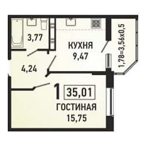 1 комнатная 35.01м²