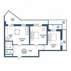 3 комнатная 91.4м²