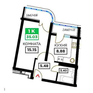 1 комнатная 35.03м²