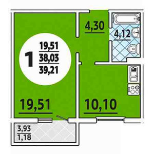 1 комнатная 39.21м²