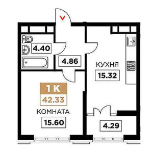 1 комнатная 42.33м²