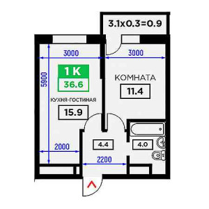 1 комнатная 36.6м²