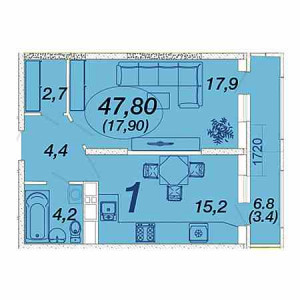 1 комнатная 47.8м²