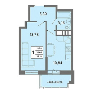 1 комнатная 35.13м²