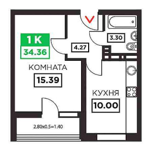 1 комнатная 34.36м²