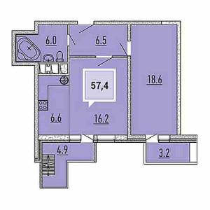 1 комнатная 57.4м²