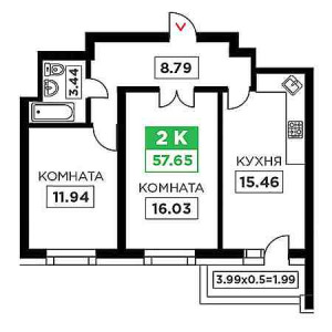 2 комнатная 57.65м²