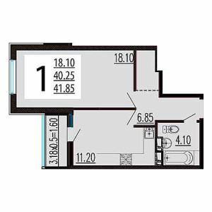 1 комнатная 41.85м²