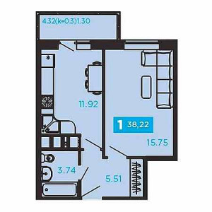 1 комнатная 38.22м²