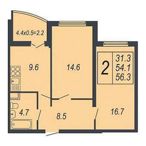 2 комнатная 56.3м²