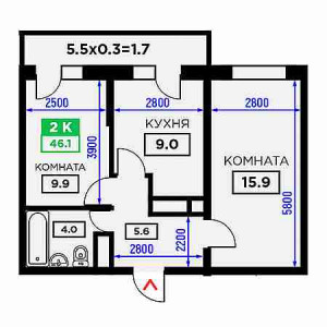 2 комнатная 46.1м²