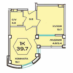 1 комнатная 39.7м²