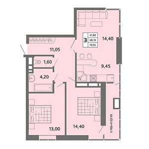 3 комнатная 70.95м²