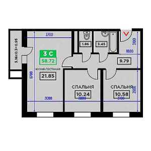 3 комнатная 58.72м²