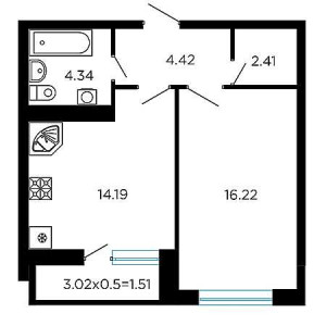 1 комнатная 43.1м²