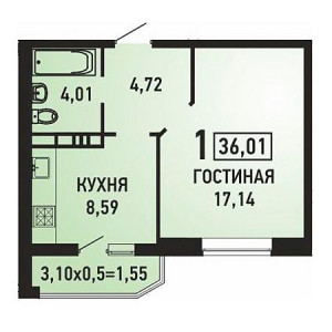 1 комнатная 36.01м²