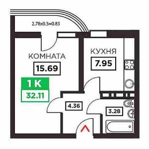 1 комнатная 32.11м²