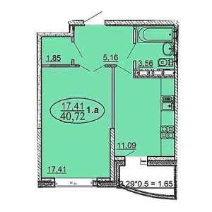 1 комнатная 40.72м²