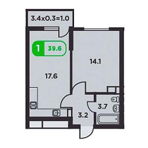 1 комнатная 39.6м²