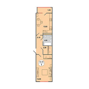 1 комнатная 43.1м²