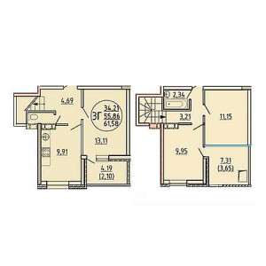 3 комнатная 61.58м²