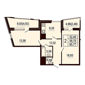 2 комнатная 65.77м²