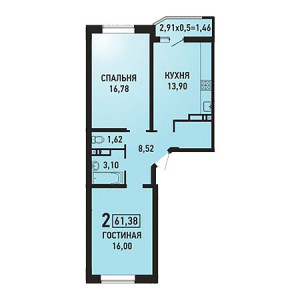 2 комнатная 61.38м²