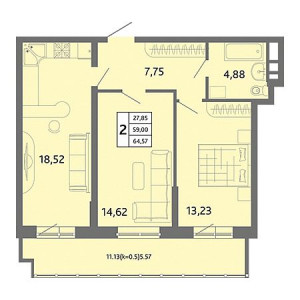 2 комнатная 64.57м²