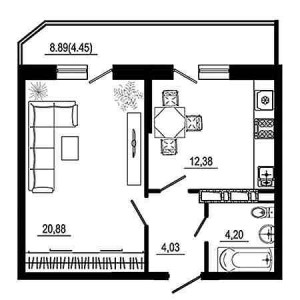 1 комнатная 45.94м²