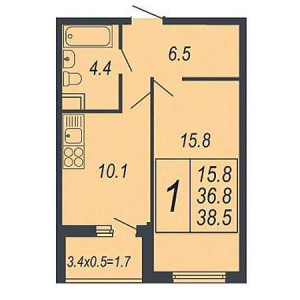 1 комнатная 38.5м²