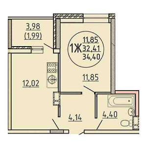 1 комнатная 34.4м²