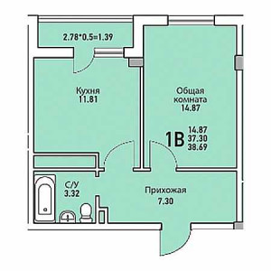 1 комнатная 38.69м²