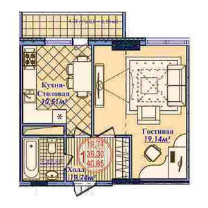 1 комнатная 40.65м²