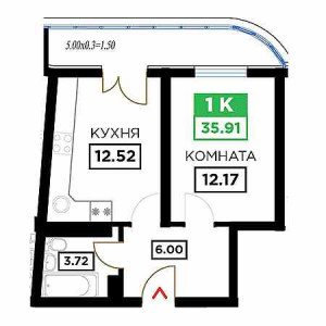 1 комнатная 35.91м²