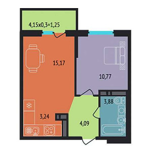 1 комнатная 38.4м²