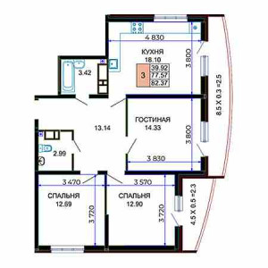 3 комнатная 82.37м²