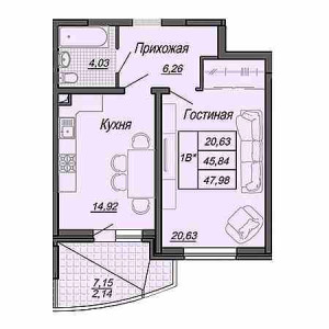 1 комнатная 47.98м²