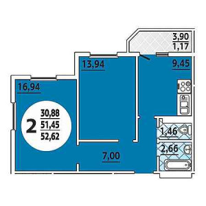 2 комнатная 52.62м²